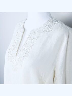 LANDS END White Embroidered Glass Beads Linen Tunic Blouse